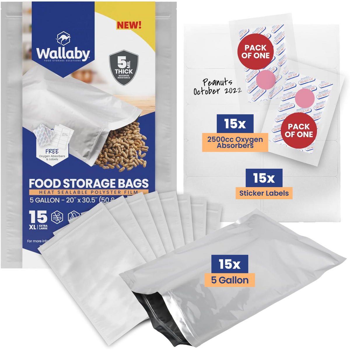 5 Gallon Mylar Zipper Bags with Oxygen Absorbers | Wallaby Goods