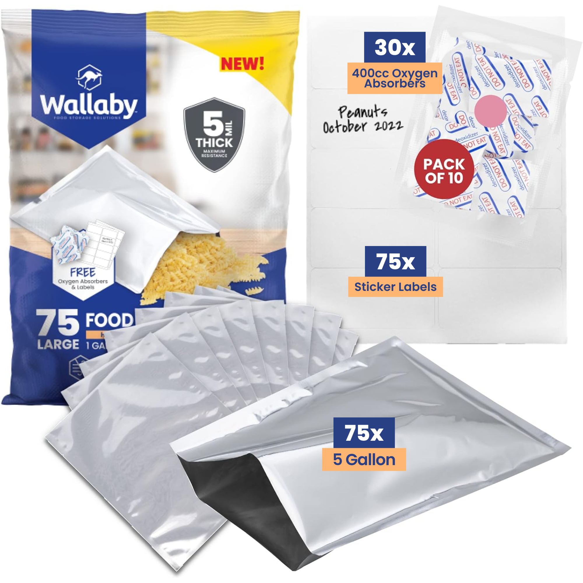 1 Gallon Mylar Bags with Oxygen Absorbers for Food Storage