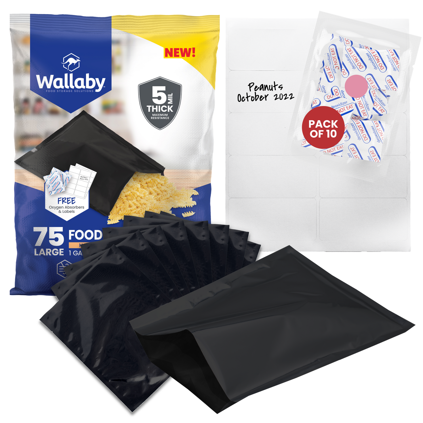 1 Gallon Mylar Bags with Oxygen Absorbers for Food Storage Wallaby Goods