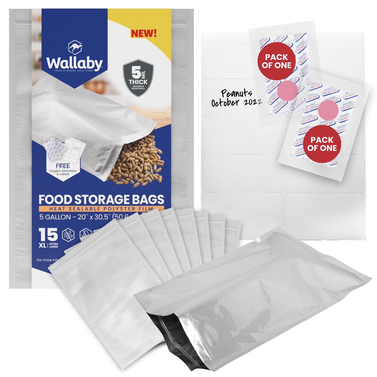 5 Gallon Mylar Zipper Bags for Food Storage with Oxygen Absorbers