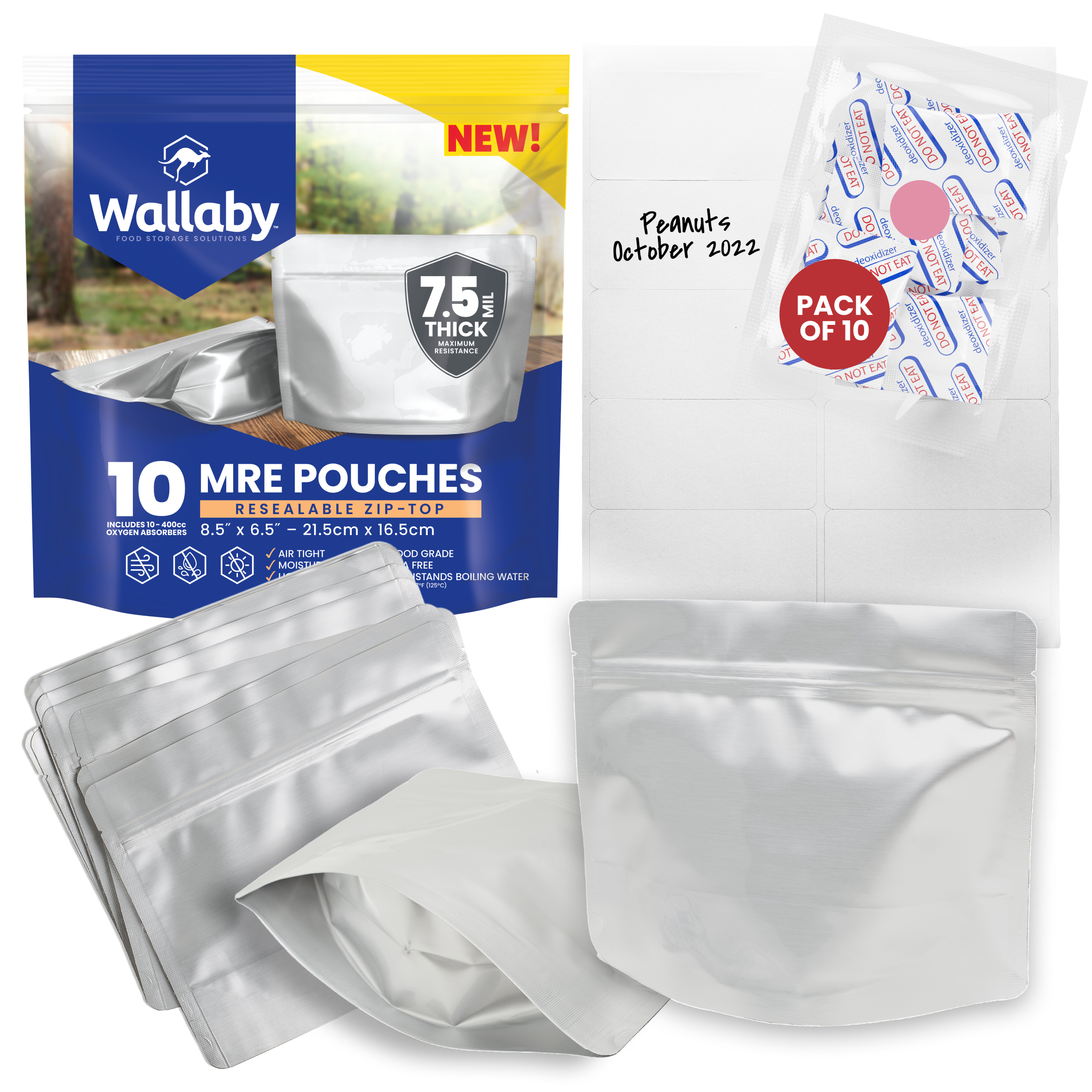 Wallaby 1-Quart Mylar Bag Bundle 50x (5 Mil 7 x 10) Mylar Bags + 50x  Labels Heat Sealable Silver