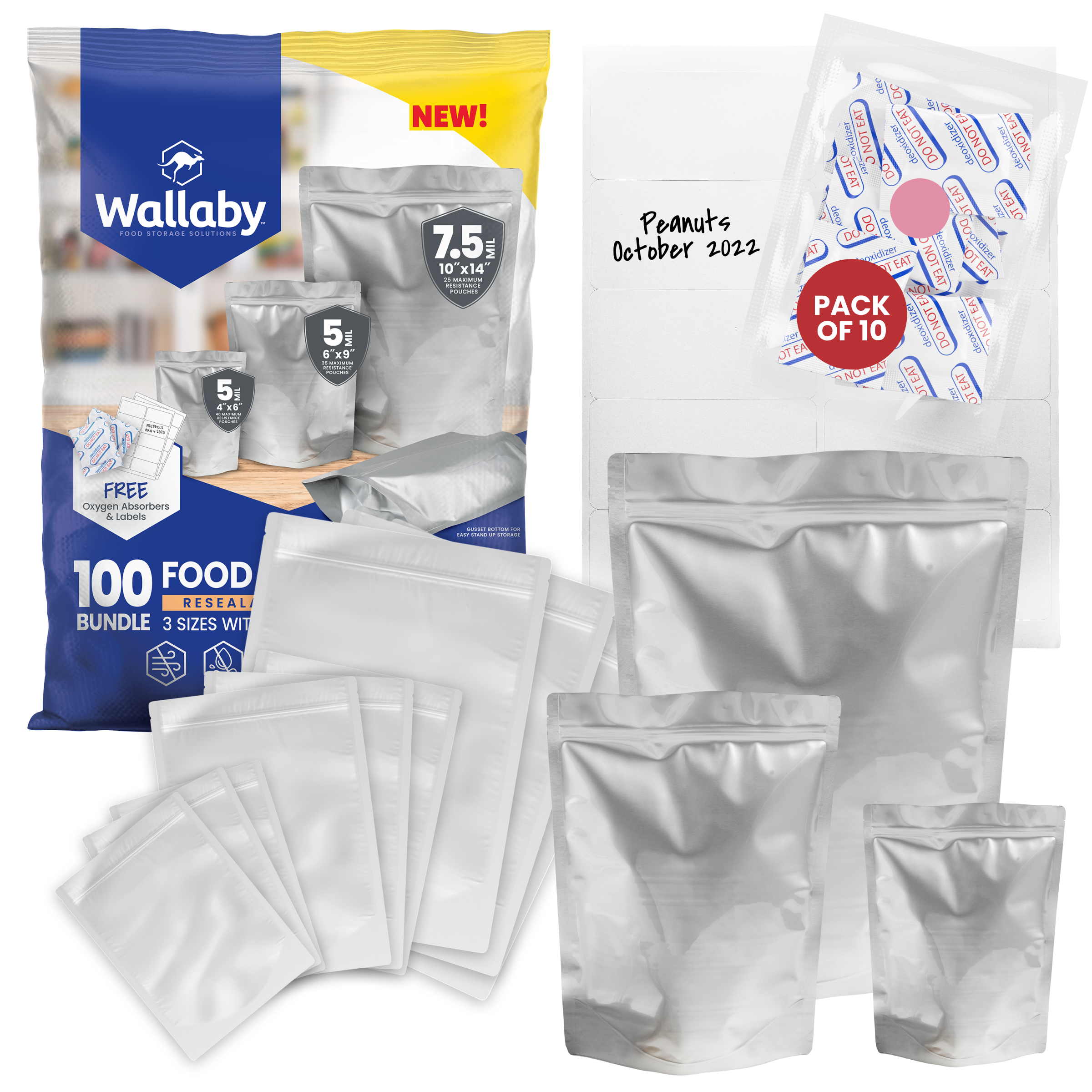 PABCK 100 Pack - Various Size Clear Silver Reclosable Mylar Zip Lock B